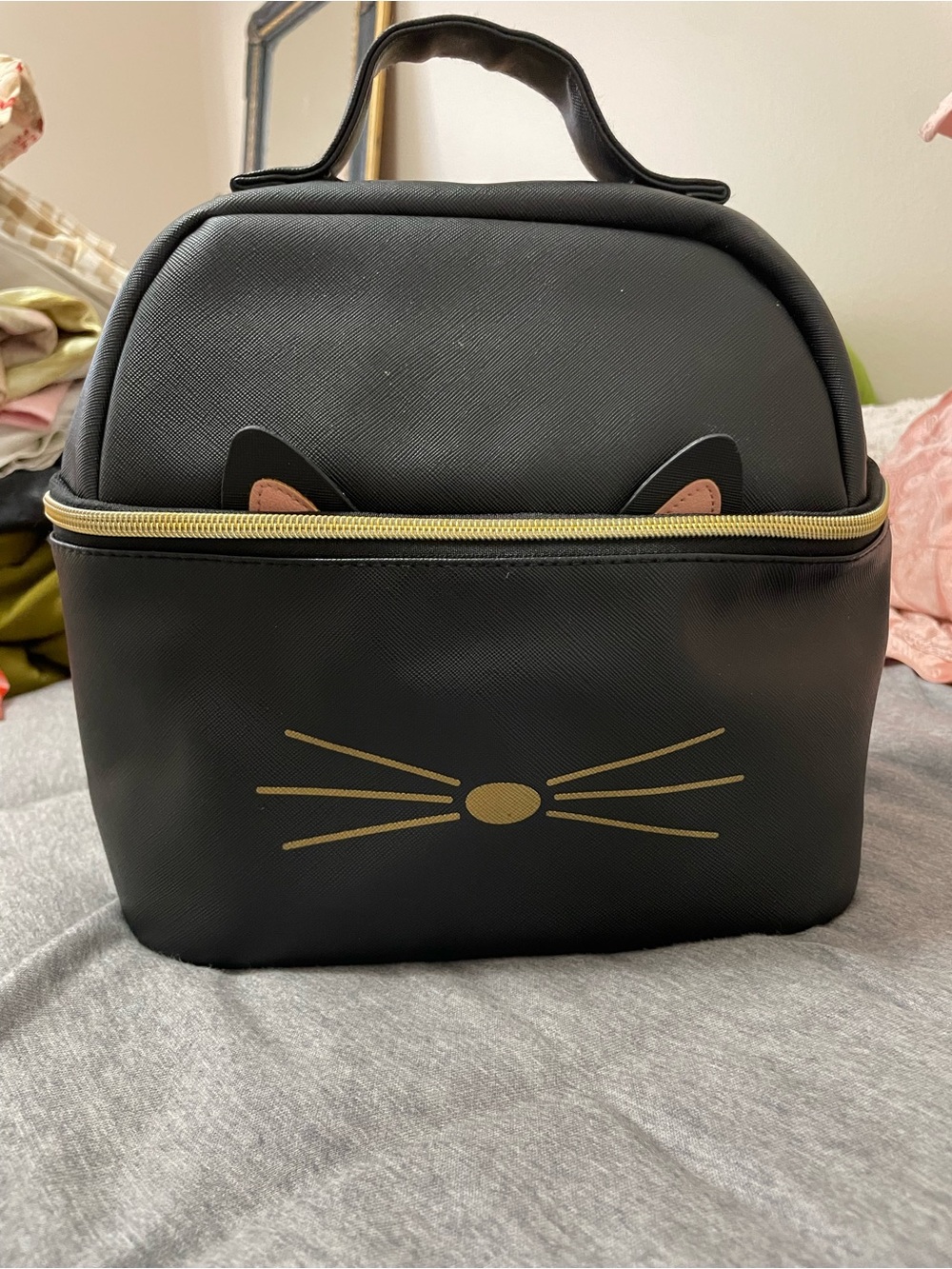 Cute Black Cat Novelty Insulated Lunchbox Gold Whiskers Travel Tote